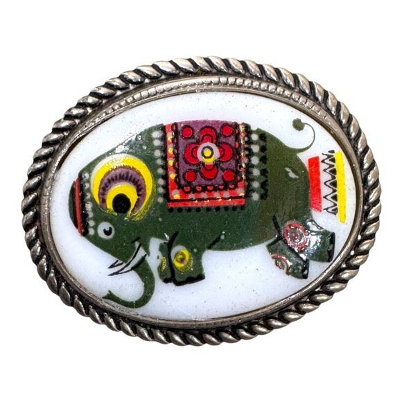 Vintage Circus Elephant Enamel Brooch Pin Silver Tone Rope Border Hand Painted - Picture 3 of 5